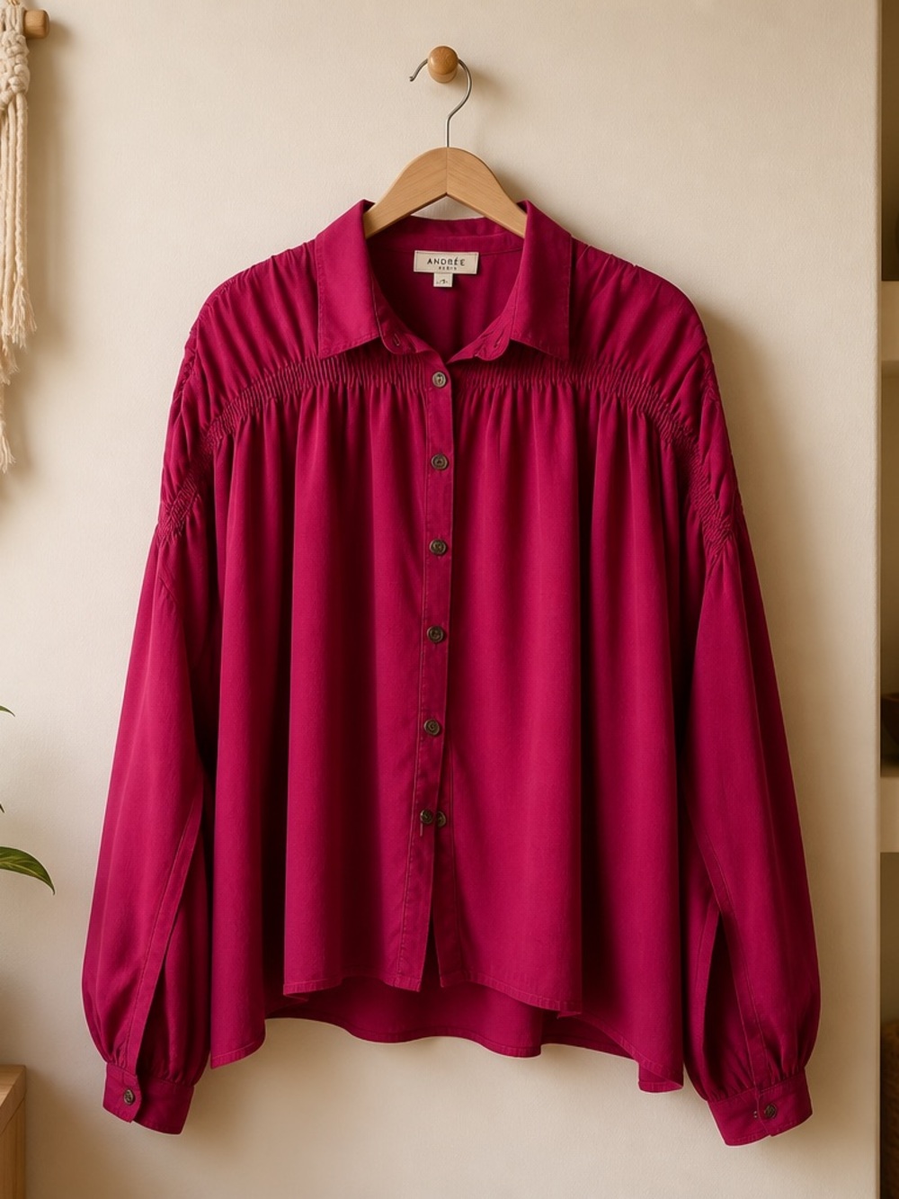 Andree Deep Magenta Smocked Yoke Button-Down Blouse